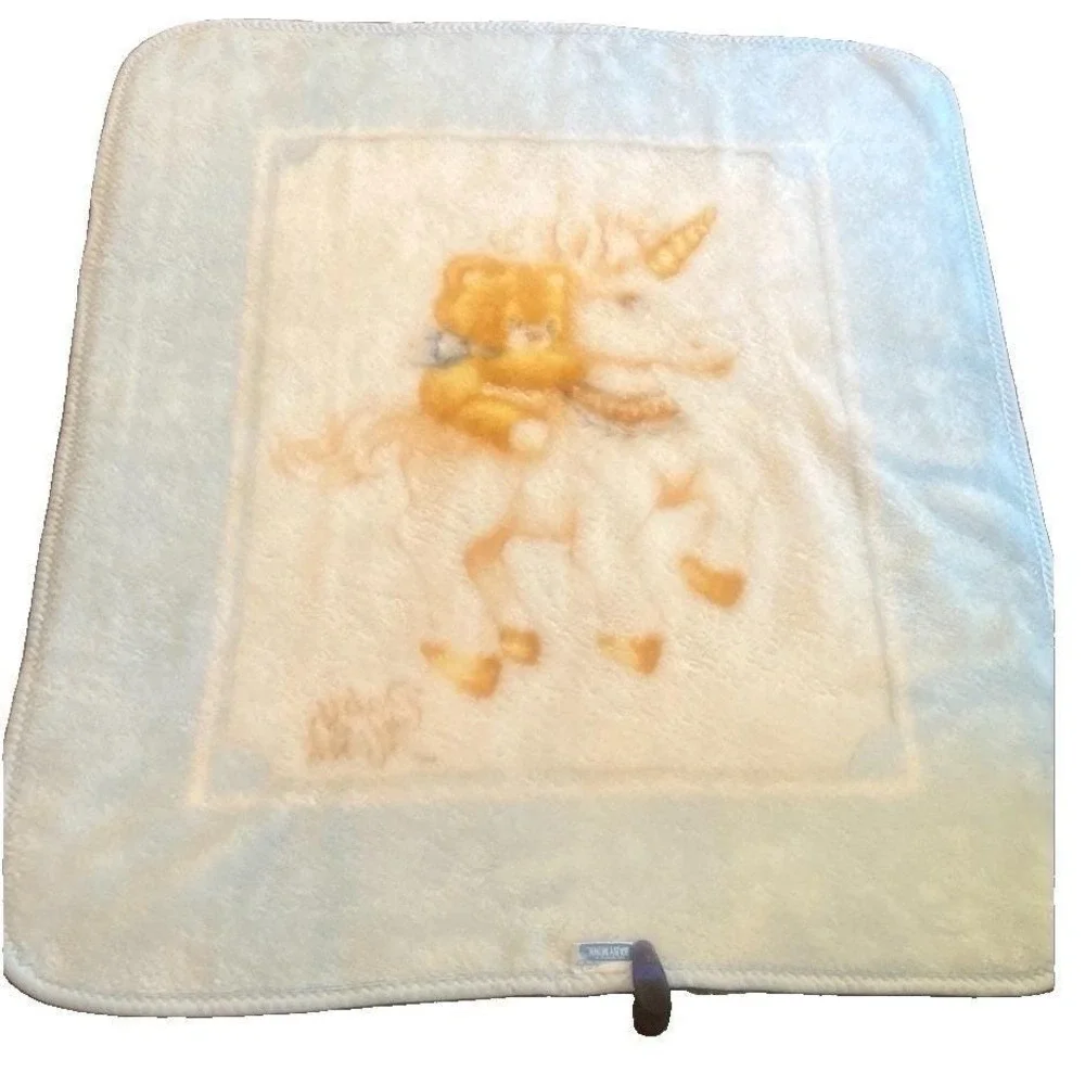 Vtg 80s Baby Mink Unicorn Teddy Bear Blue Plush Crib Blanket Zigzag Trim 43x51